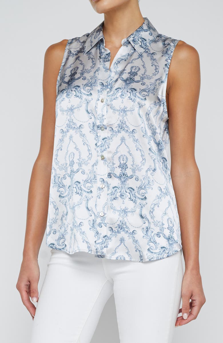 L'AGENCE Emmy Sleeveless Silk Shirt, Alternate, color, White Blue Scroll Toile