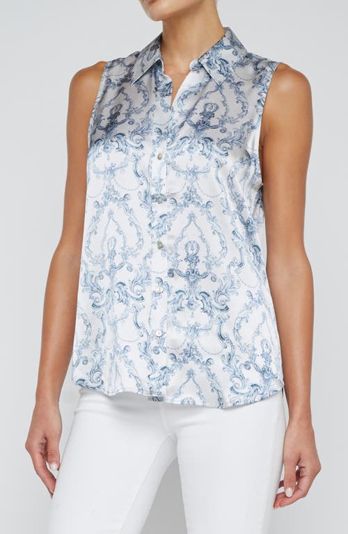 L Agence Emmy Sleeveless Silk Blouse In Vintage White Blue Scroll Canvas