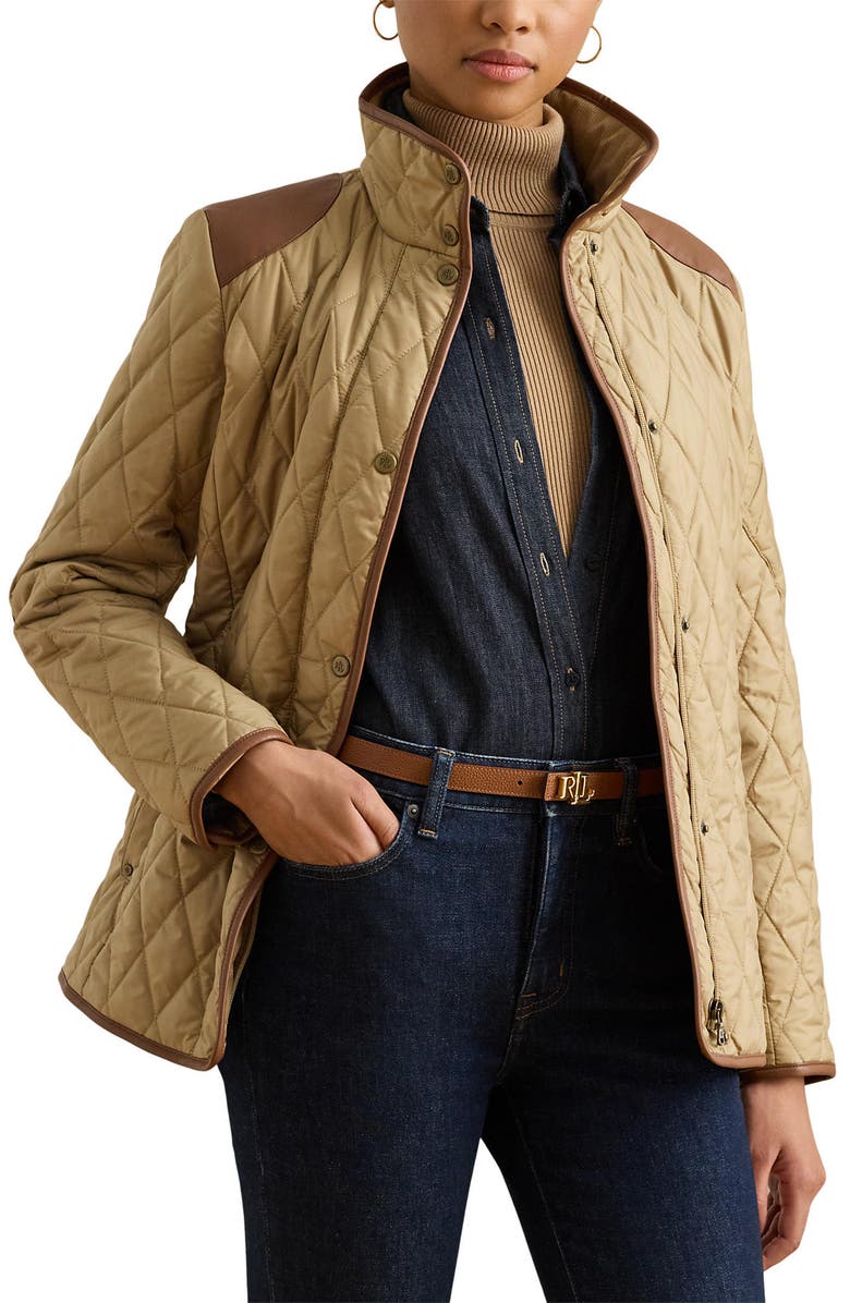 Lauren Ralph Lauren Diamond Quilted Barn Jacket With Faux Leather Trim, Alternate, color, Birch Tan
