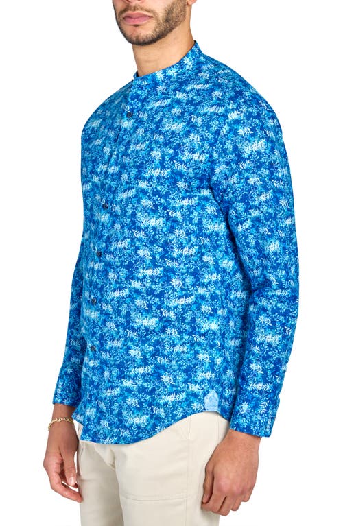 Brooklyn Brigade Abstract Leaves Mandarin Long Sleeve Shirt In Light Blue/navy