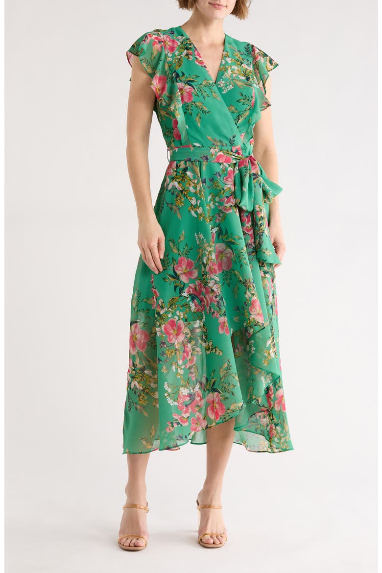 Floral Flutter Sleeve High-Low Midi Dress, Main, color, GREEN MULTI