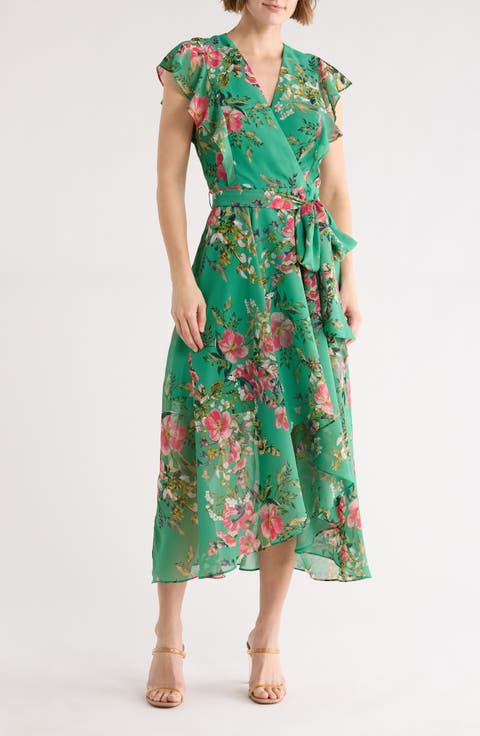 Floral Flutter Sleeve High-Low Midi Dress