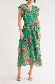 Eliza J Floral Flutter Sleeve High-Low Midi Dress