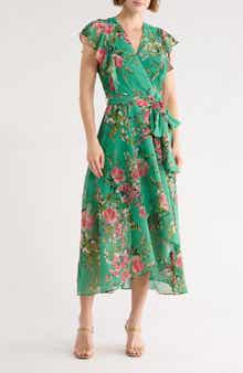 Eliza J Floral Flutter Sleeve High-Low Midi Dress