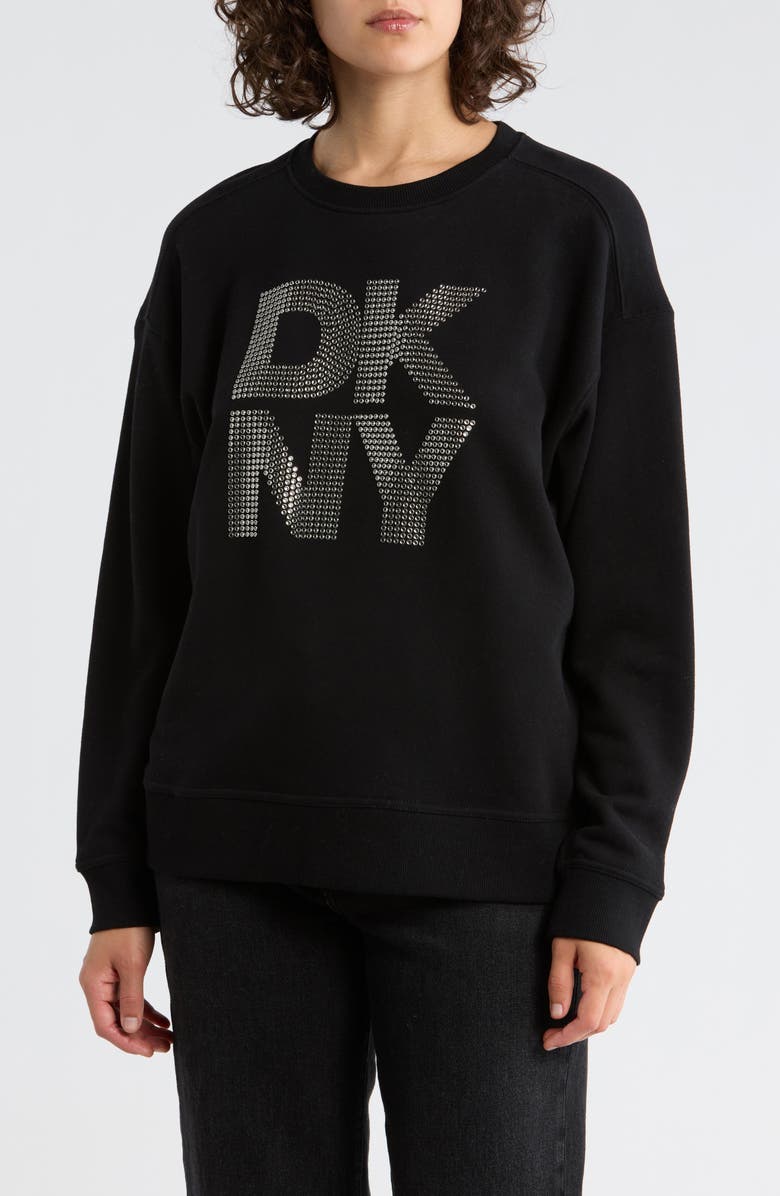 DKNY Jeans Rhinestone Logo Sweatshirt, Main, color, Black/Smoke Silver