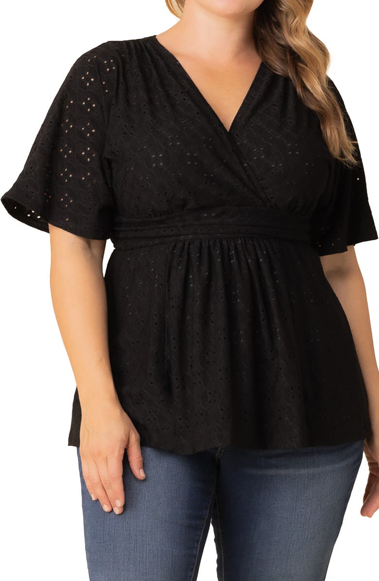 Kiyonna Sunny Day Eyelet Wrap Top, Alternate, color, Black Noir