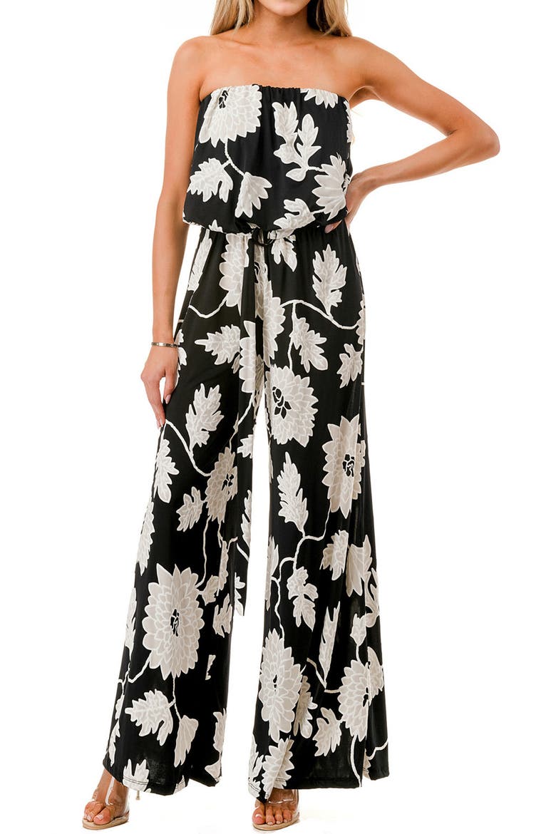 Printed Strapless Wide Leg Jumpsuit, Alternate, color, BLACK/ WHITE