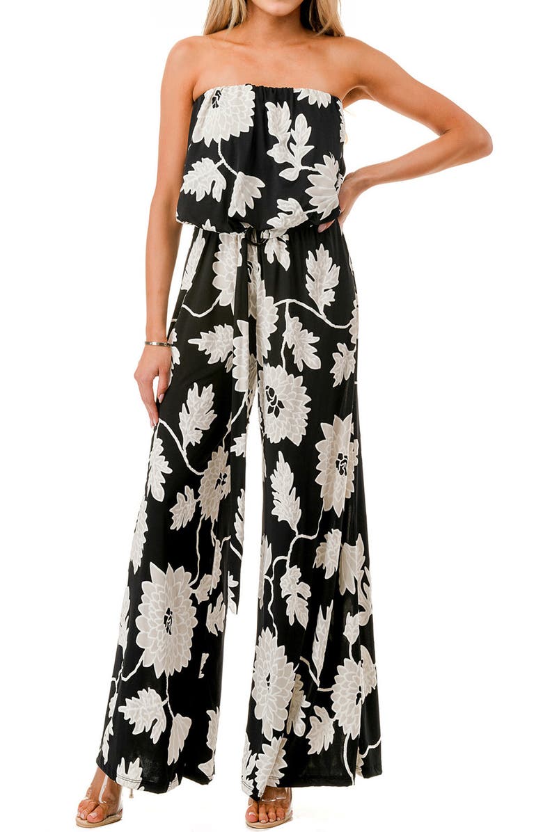 O.L. Printed Strapless Wide Leg Jumpsuit, Alternate, color, Black/ White