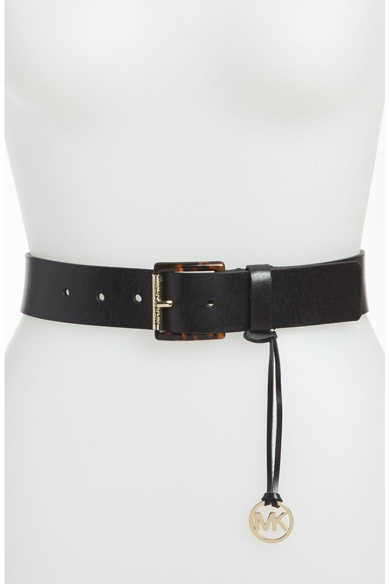 Logo Charm Leather Belt, Main, color, BLACK/ TORTOISE BUCKLE