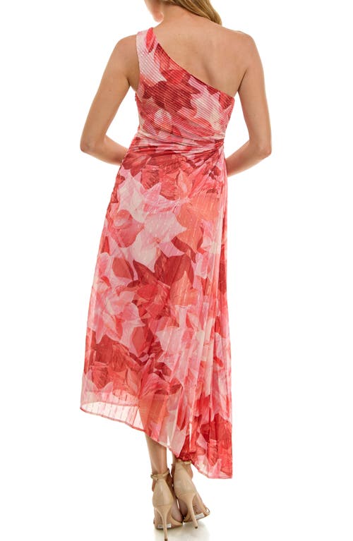 Socialite Floral Metallic Stripe One-shoulder Pleated Dress In Pink