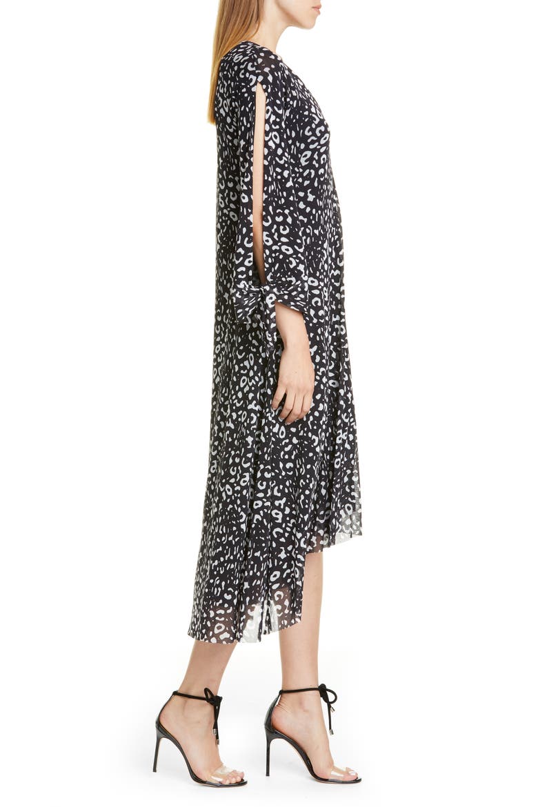 Leopard Print Tie Long Sleeve Midi Dress, Alternate, color, NERO