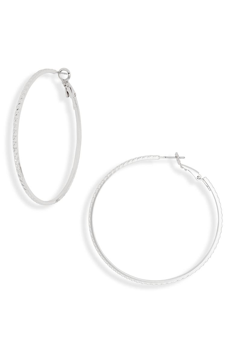 Skinny Stamped Hoop Earrings, Main, color, SILVER