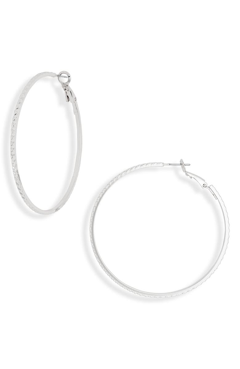 NORDSTROM RACK Skinny Stamped Hoop Earrings, Main, color, Silver