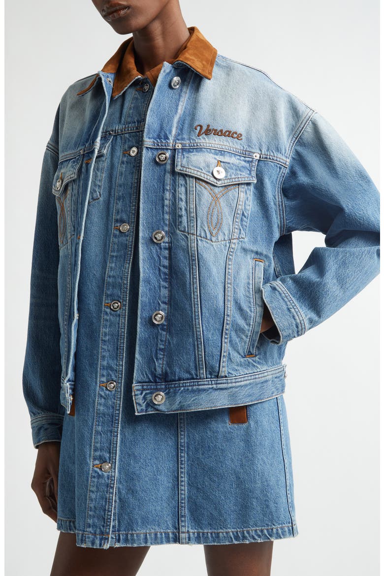 Suede Trim Stonewash Denim Trucker Jacket, Alternate, color, MEDIUM BLUE
