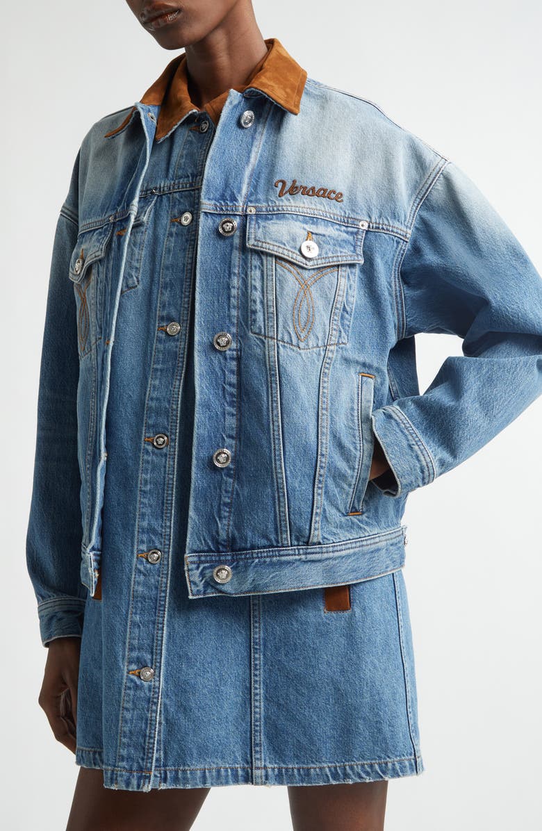 Versace Suede Trim Stonewash Denim Trucker Jacket, Alternate, color, Medium Blue