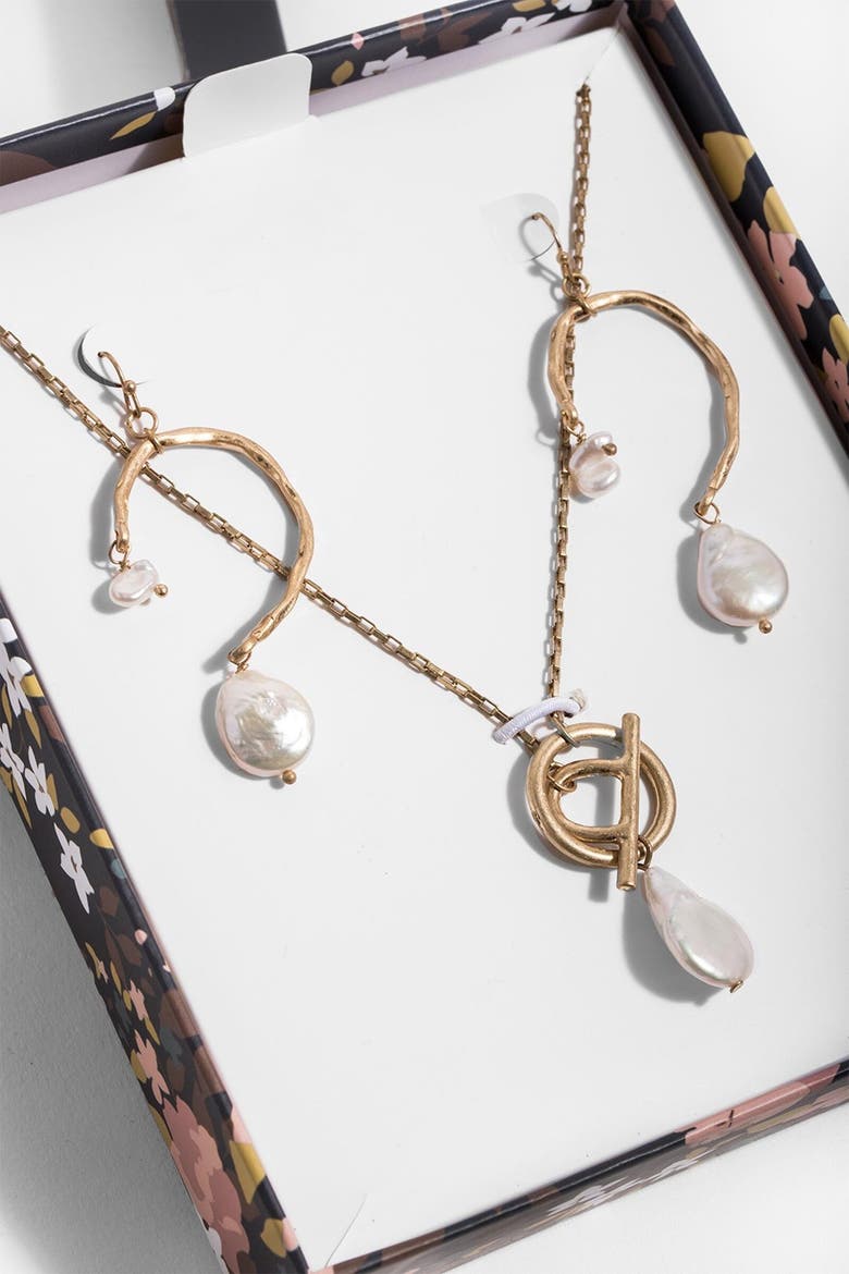 Freshwater Pearl 2-Piece Drop Earrings & Pendant Necklace Set, Alternate, color, GOLD