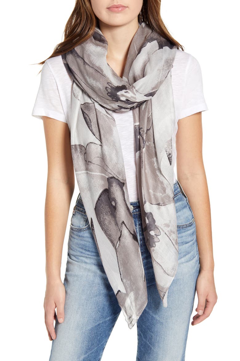 Print Scarf, Main, color, GREY WASHED LEAVES PRINT
