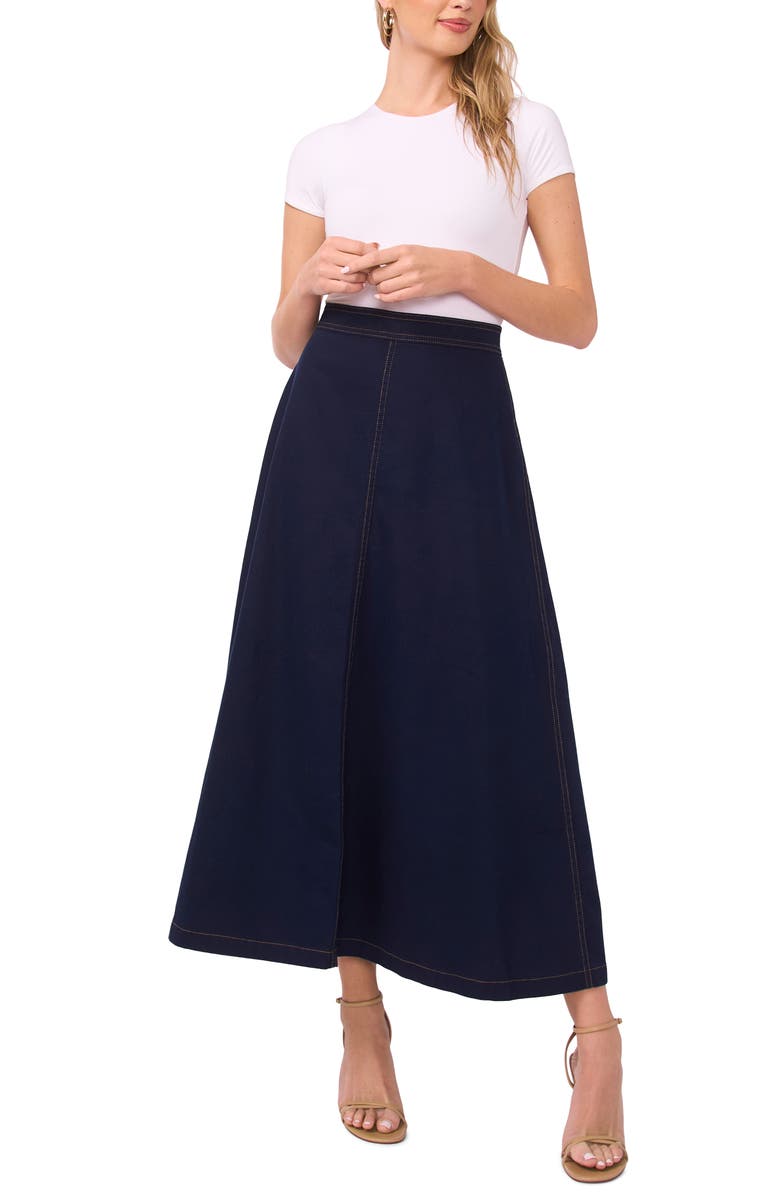Vince Camuto Topstitch Stretch Cotton Maxi Skirt, Alternate, color, Classic Navy