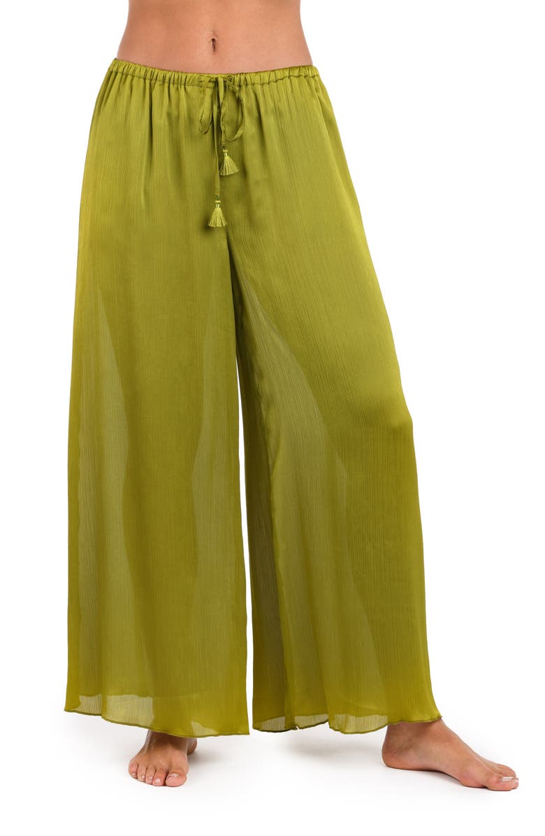 Sunshine 79 Radiance Textured Satin Cover-Up Palazzo Pants, Main, color, Olive