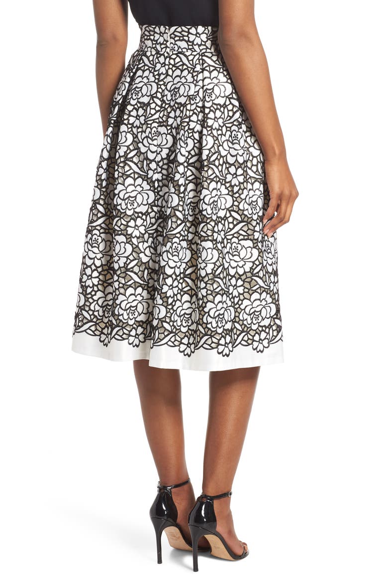 Pleated Floral Cutout Appliqué Skirt, Alternate, color, BLACK/IVORY
