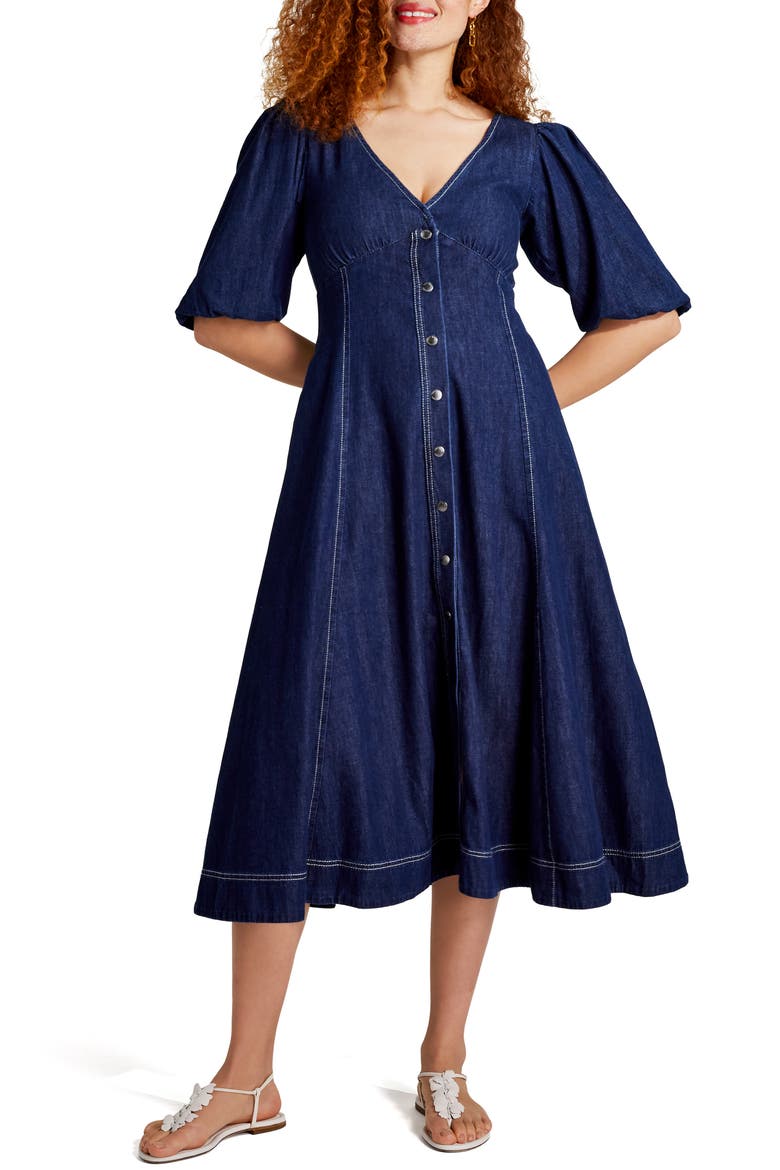 cotton denim snap front dress, Main, color, INDIGO