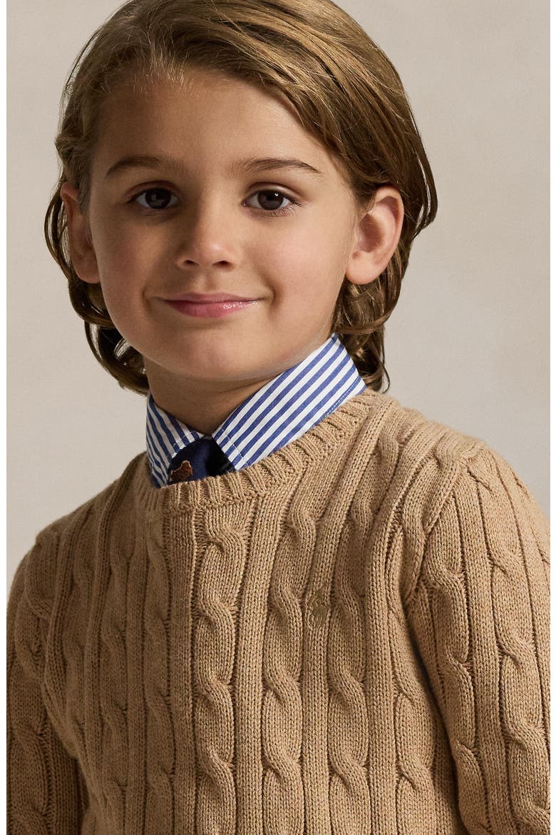 Kids' Cable Knit Combed Cotton Sweater, Alternate, color, CAMEL HEATHER