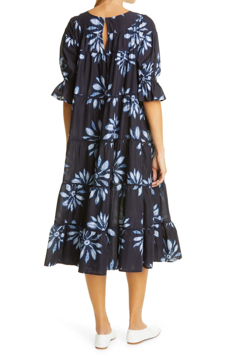 Paradis Tiered Puff Sleeve Cotton Dress, Alternate, color, NAVY / FLORAL PRINT
