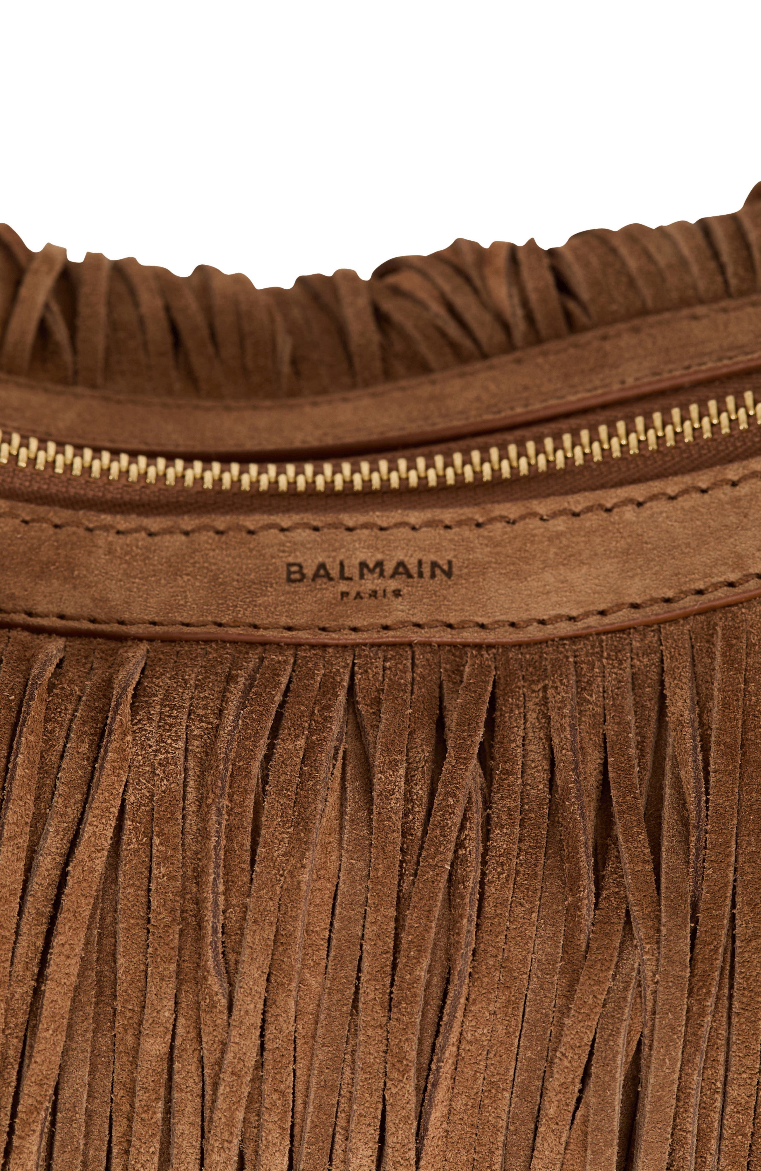 Balmain Ebene Hobo Fringes-Suede Leather, Alternate, color, Brown