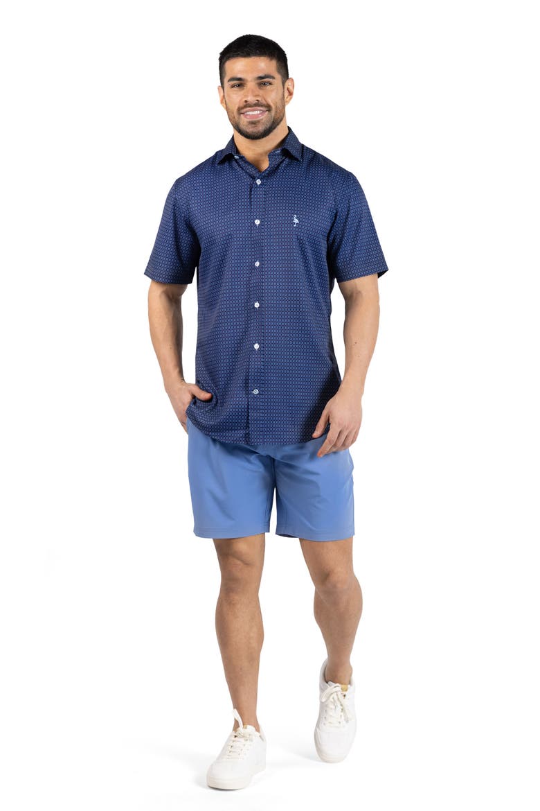 Geometric Floral Performance Short Sleeve Button-Up Shirt, Alternate, color, DENIM