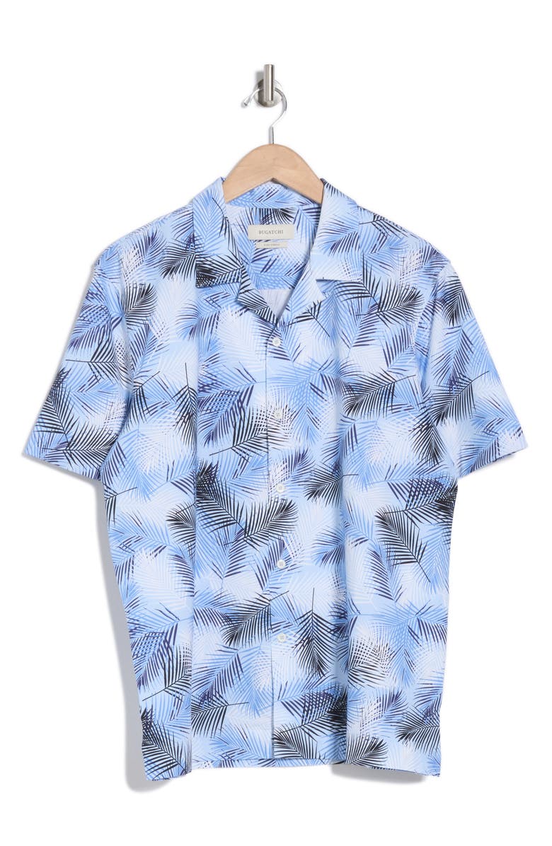 Bugatchi Leaf Print Camp Shirt, Alternate, color, Air Blue