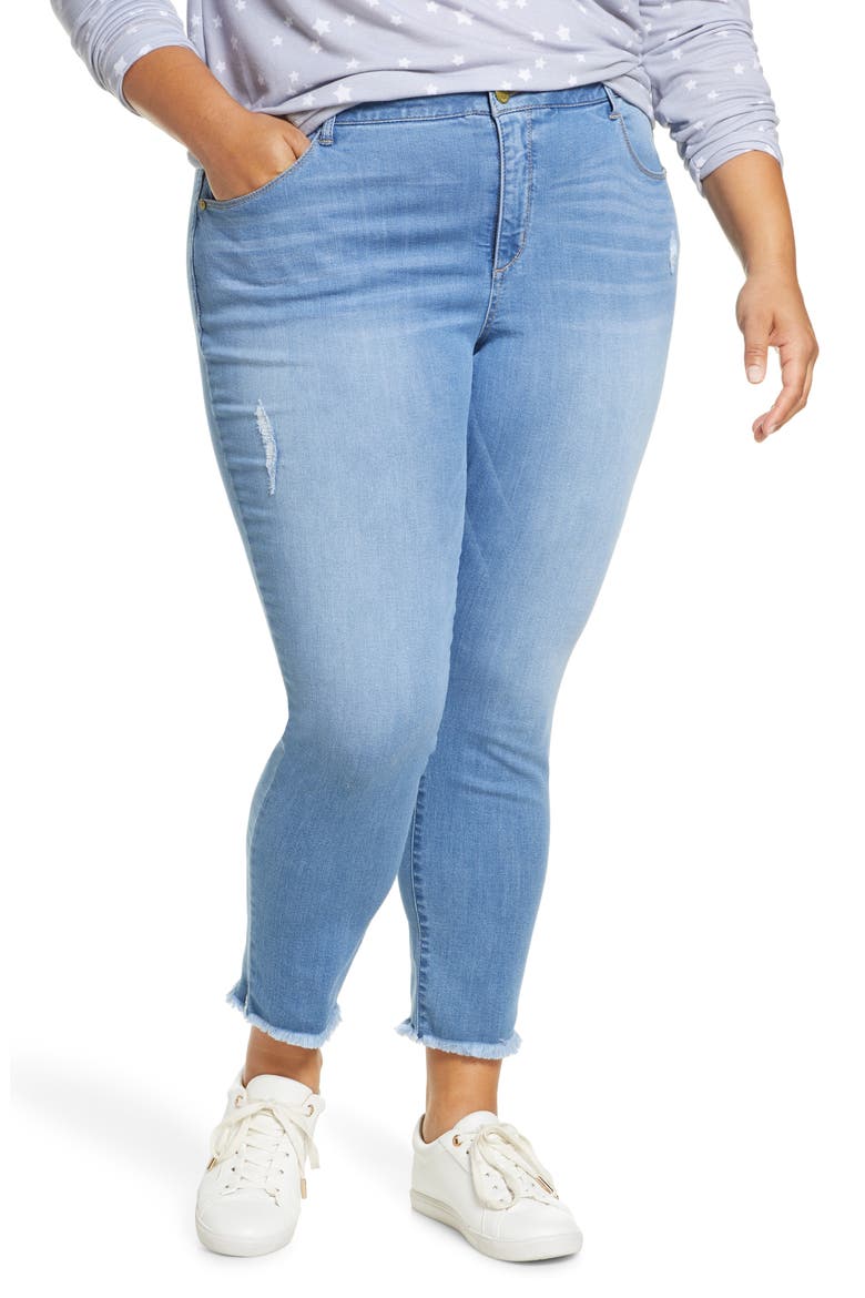 Ab-Solution High Waist Frayed Ankle Skinny Jeans (Nordstrom Exclusive), Main, color, LIGHT BLUE