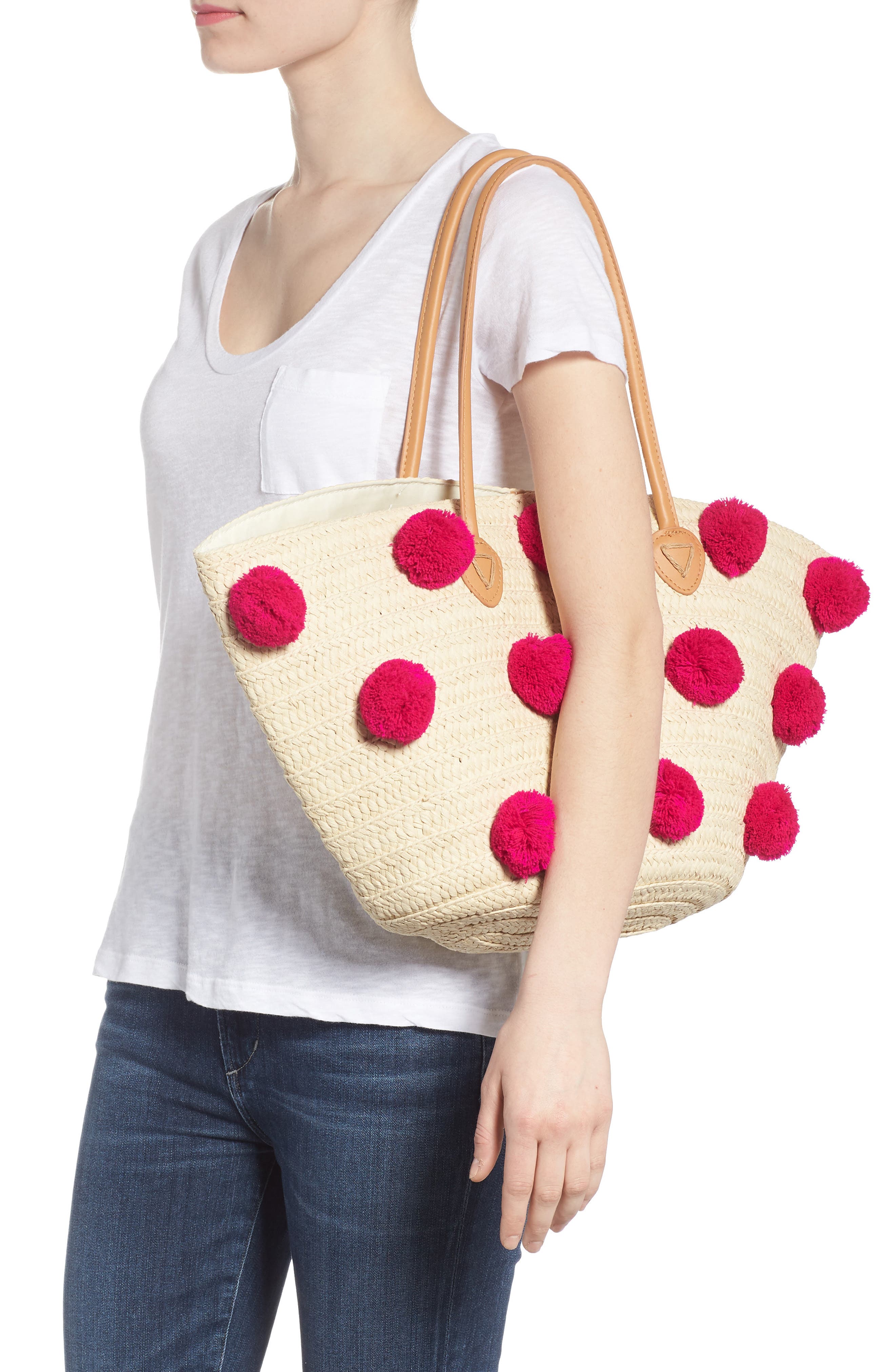 Shiraleah Klo Pompom Straw Tote, Alternate, color, 