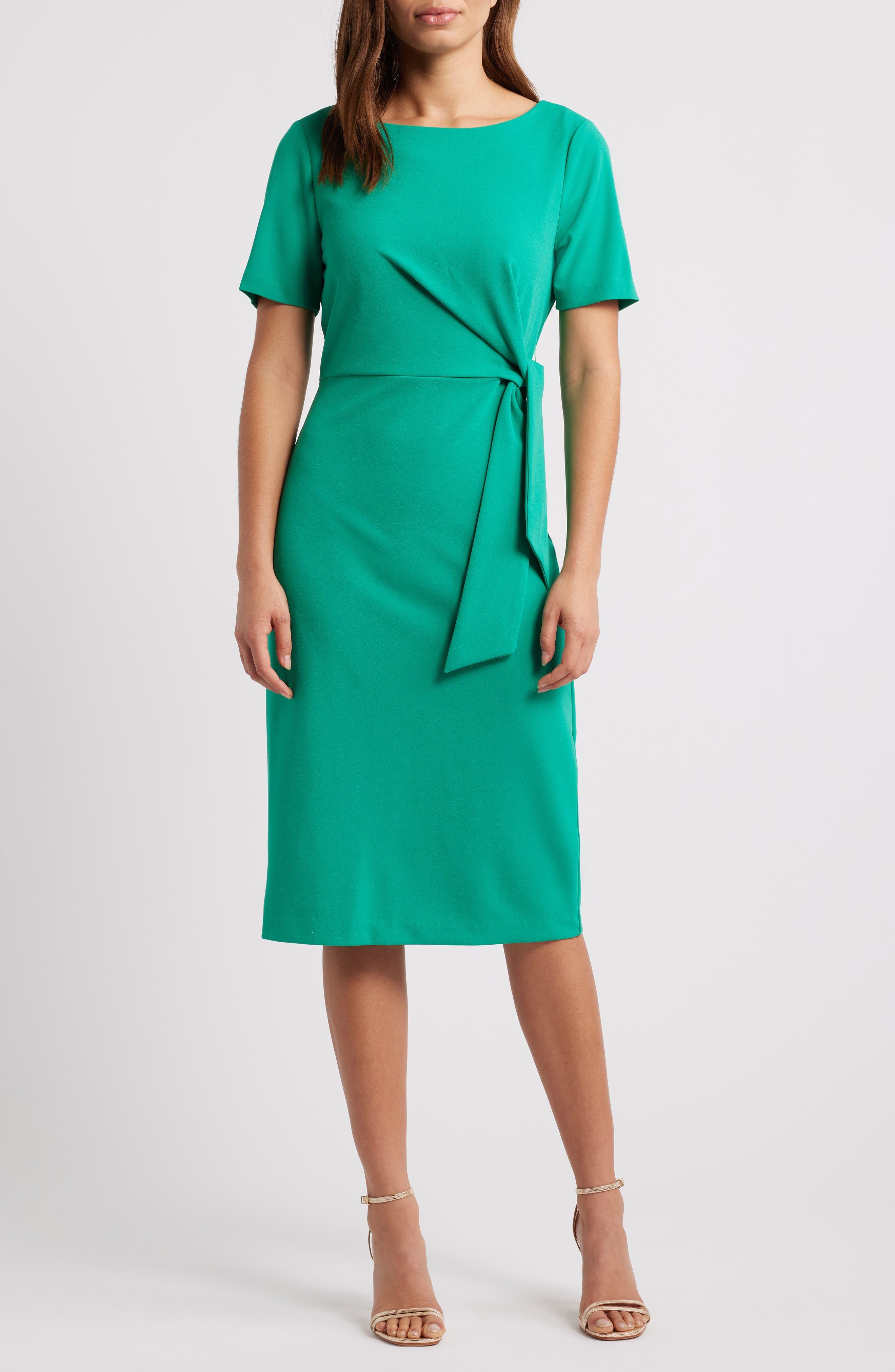 Tahari ASL Side Tie Short Sleeve Sheath Dress in Jade 