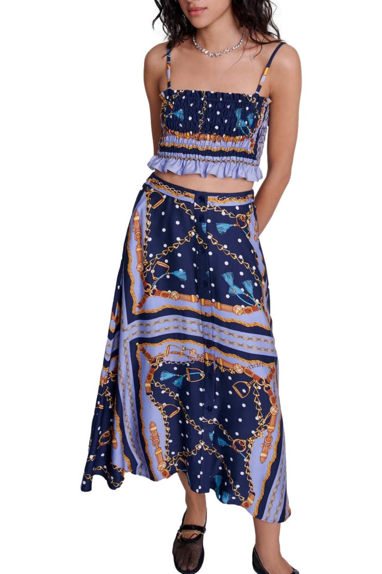 Satin-effect patterned short skirt, Main, color, Chain scarf print blue