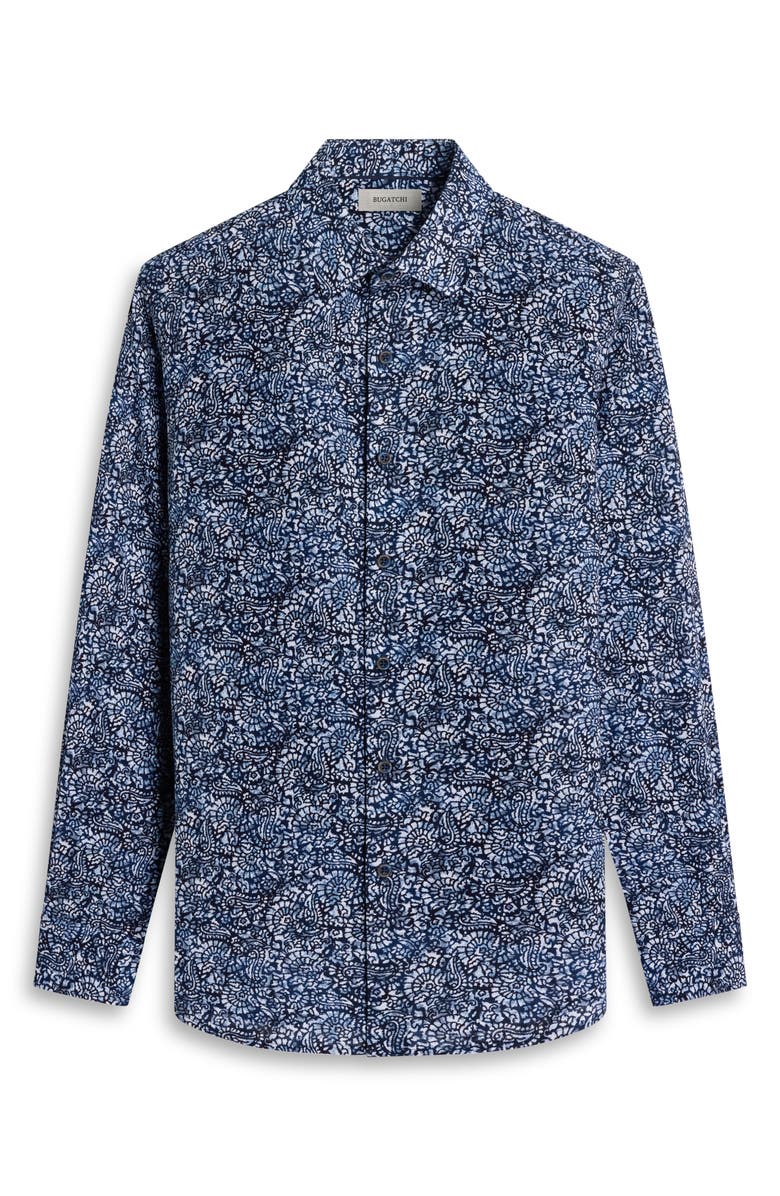 Bugatchi Julian Shaped Fit Abstract Paisley Print Cotton Button-Up Shirt, Alternate, color, Navy