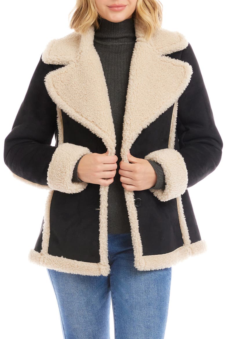 Faux Suede & Faux Shearling Trim Jacket, Main, color, BLACK/ CREAM
