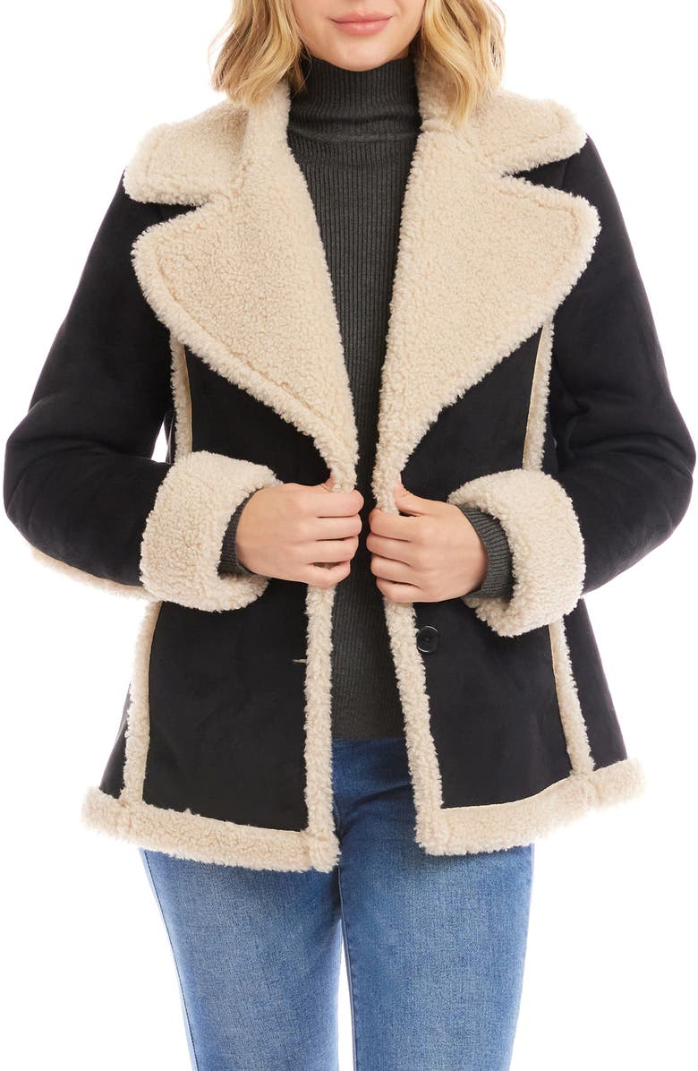 Karen Kane Faux Suede & Faux Shearling Trim Jacket, Main, color, Black/ Cream