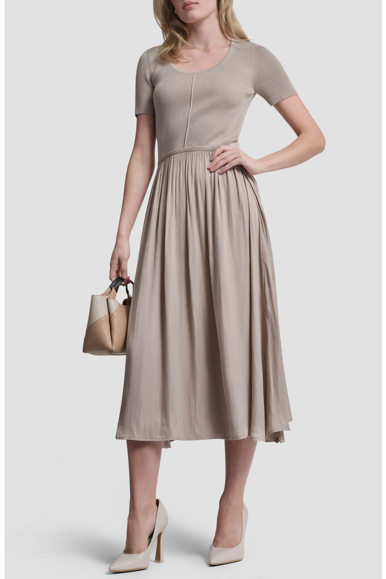 Mixed Media Short Sleeve Dress, Main, color, PEBBLE
