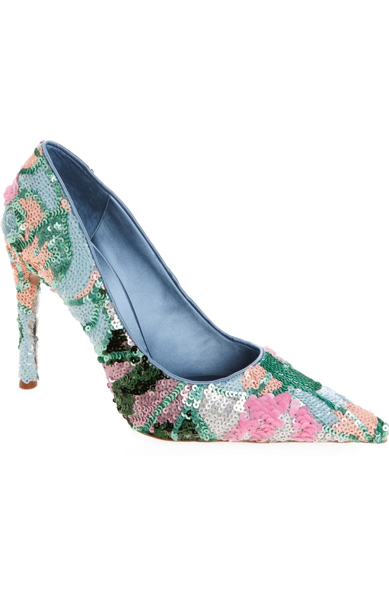 Jeffrey Campbell Good Sequin Pointed Toe Pump, Main, color, Teal Satin Combo