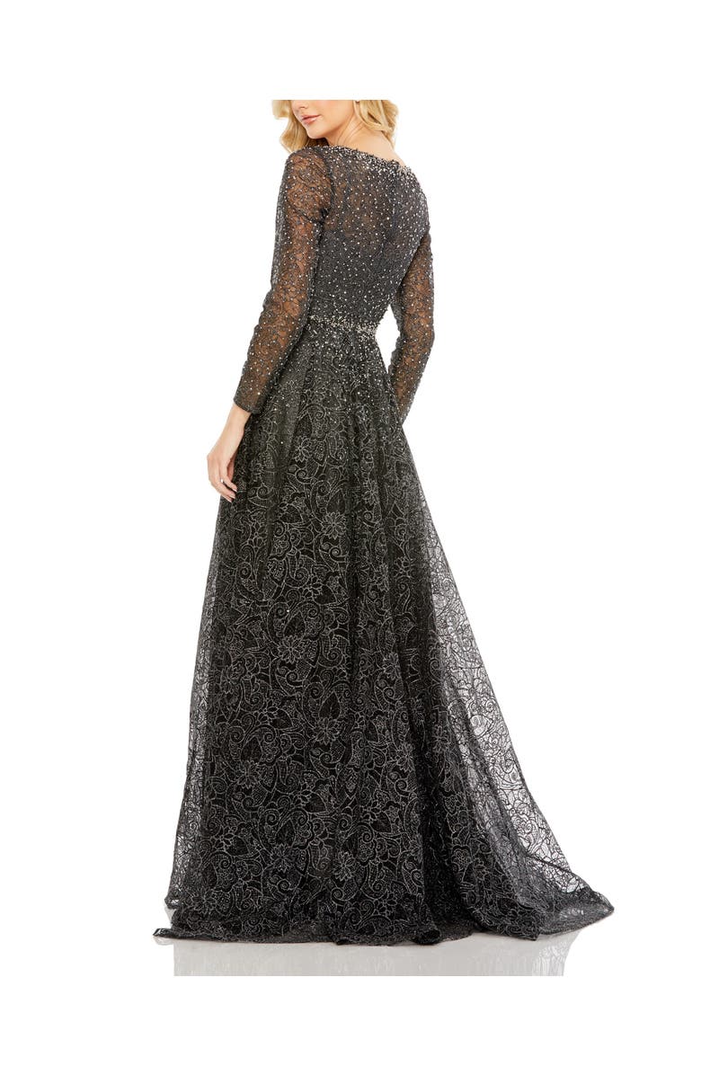 Mac Duggal Embellished Illusion Long Sleeve V Neck Gown, Alternate, color, Graphite
