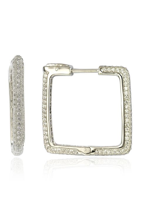 Sterling Silver Modern Pave CZ Square Hoop Earrings