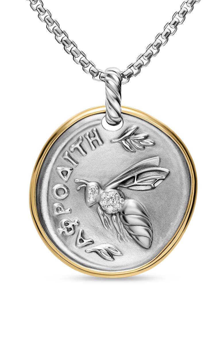 David Yurman Aphrodite Medallion Amulet Sterling Silver with 14K Yellow Gold and Diamonds, 29.5mm, Alternate, color, Silver Pave