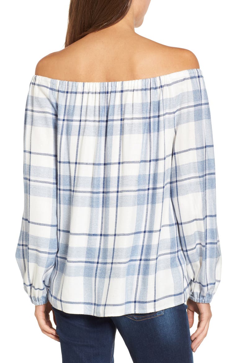 Off the Shoulder Plaid Blouse, Alternate, color, BLUE NIGHT