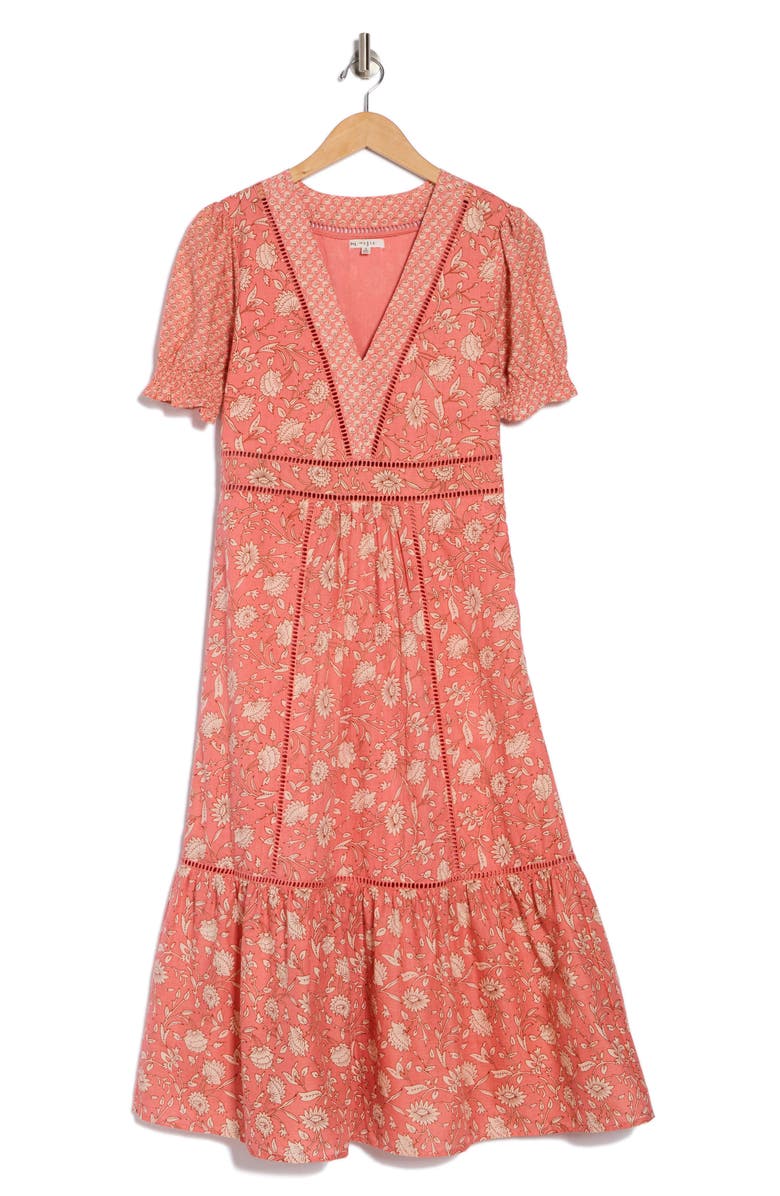 Maisie Puff Sleeve Midi Dress with Crochet Trim, Alternate, color, Coral 2 Tone Floral