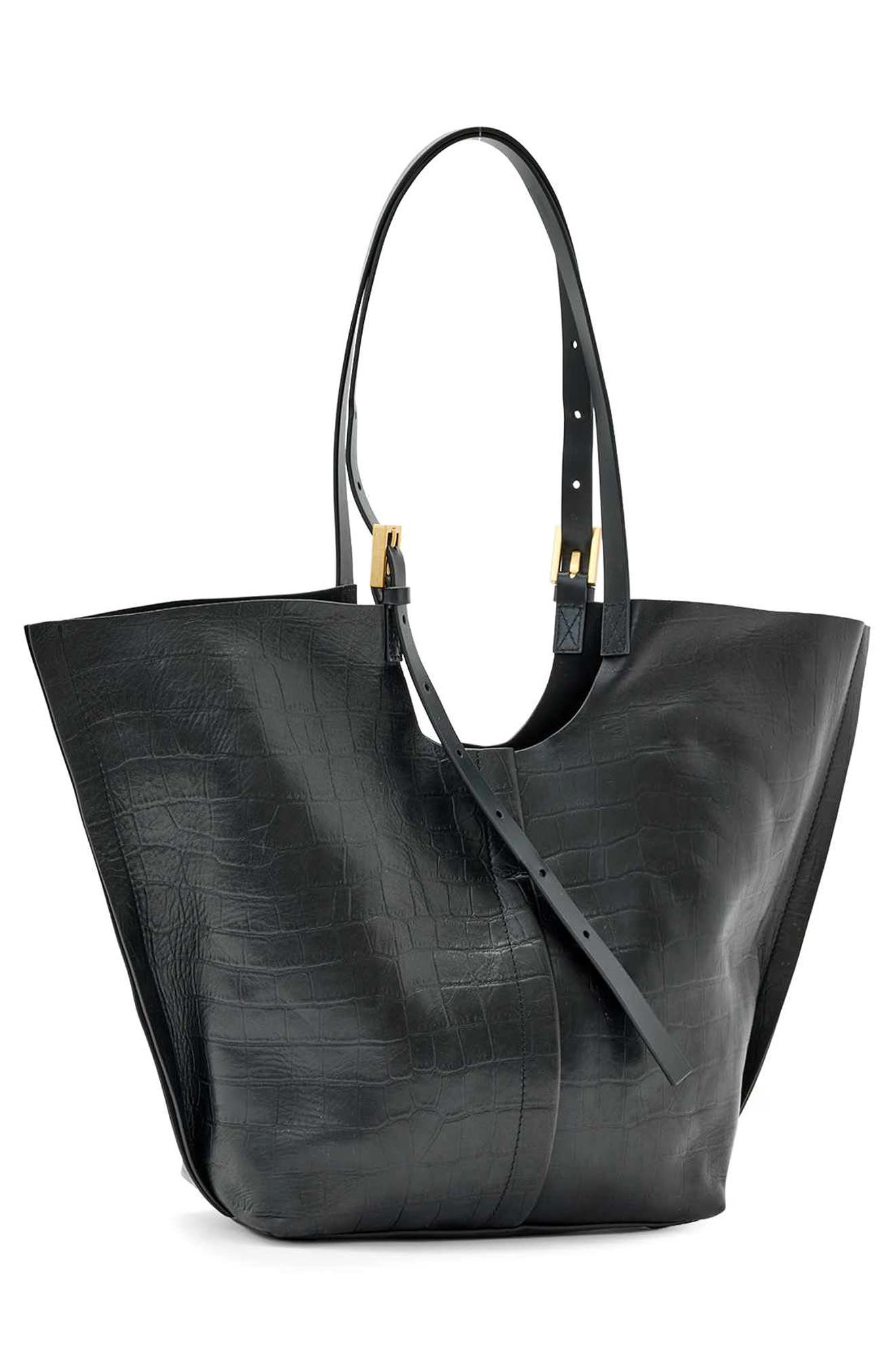 Ara Medium Croc Embossed Leather Tote, Alternate, color, BLACK