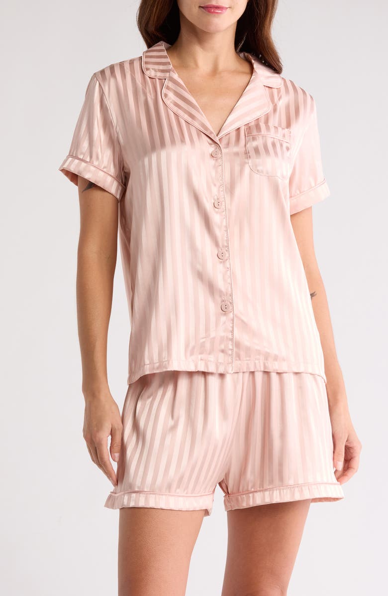 Tart Dixie Charmeuse Short Sleeve Button-Up Shirt & Shorts Pajamas, Main, color, Mauve Shadow Stripe