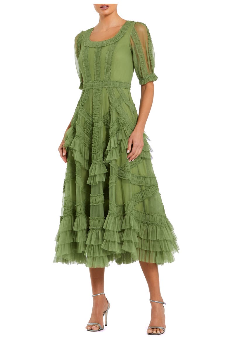 Mac Duggal Short Sleeve Mesh Mirco Ruffle Midi Dress, Main, color, Moss Green