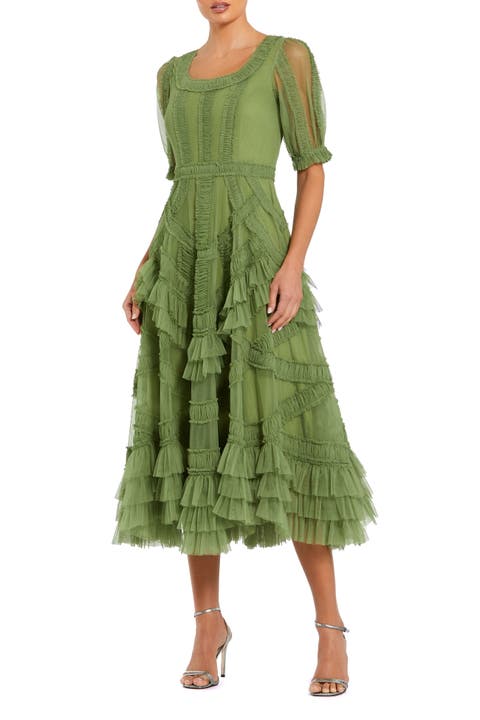 Short Sleeve Mesh Mirco Ruffle Midi Dress