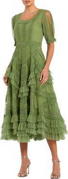Mac Duggal Short Sleeve Mesh Mirco Ruffle Midi Dress