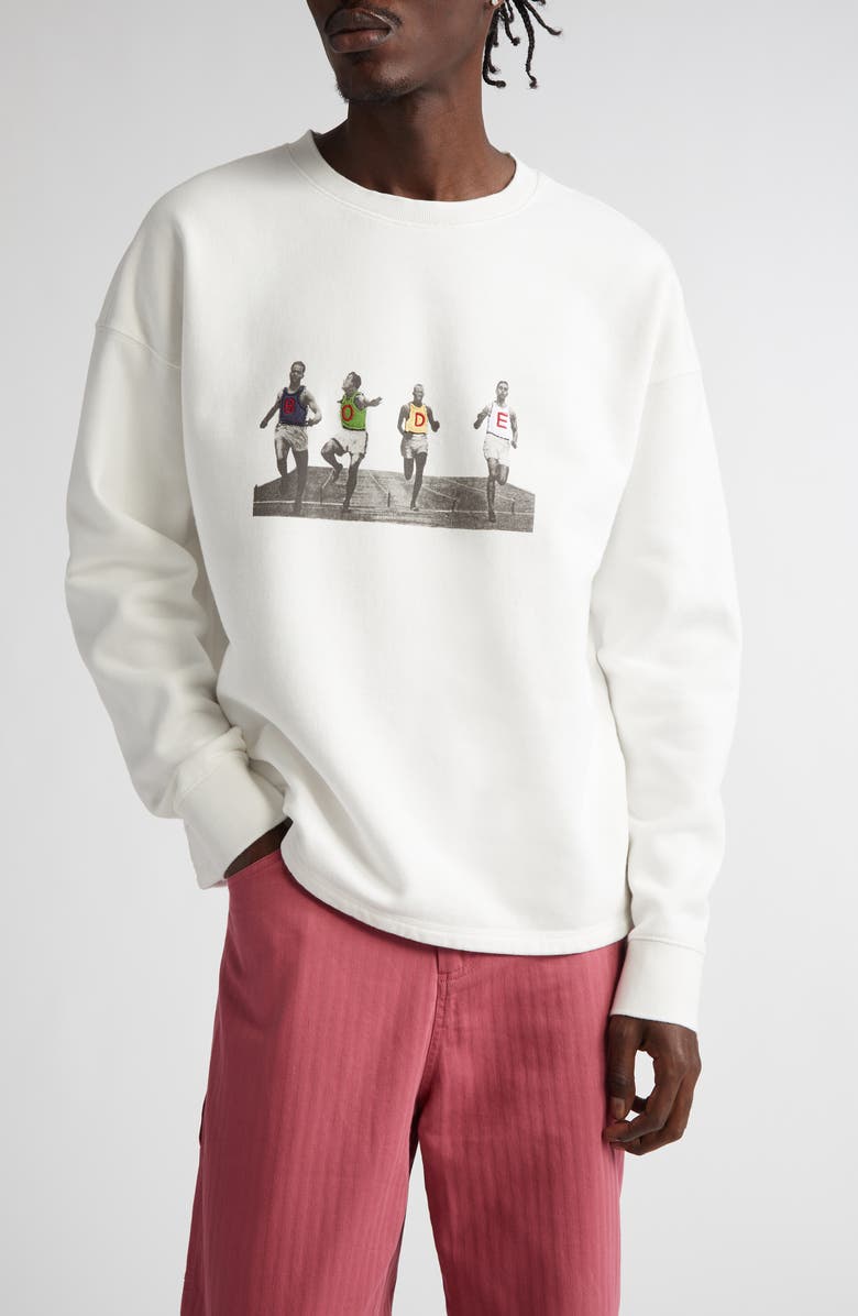 Bode Finish Line Embroidered Fleece Graphic Sweatshirt, Main, color, Cream